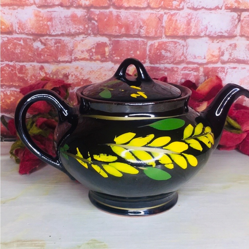 Vintage MCM Royal Canadian Art Pottery "dripless"  Brown and Yellow Teapot